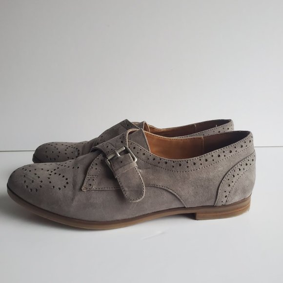 Women's Grey Suede Brogue Loafer Shoes Size 6.5 Buckle Preppy Western Academia - Picture 5 of 13